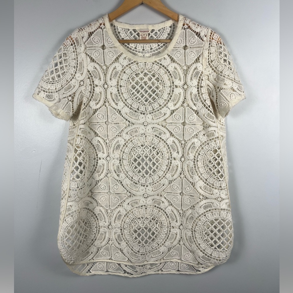 Sundance Catalog Shadow Dance Tee cream Lace Crochet Top Size medium
